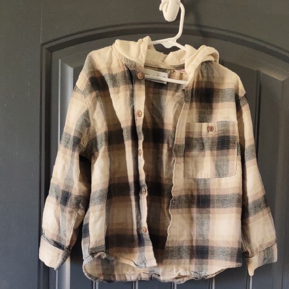 Zara Kids Beige and Black Plaid Button Down Shirt with Hood